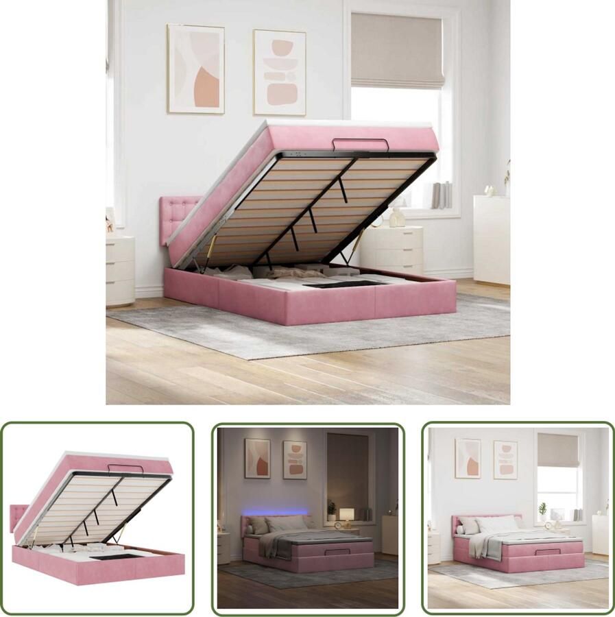 VidaXL Ottoman bed met matras en LED's 140x200cm fluweel roze Bed Frame Ottoman Bed Boxspring Tweepersoonsbed Kingsize Bed