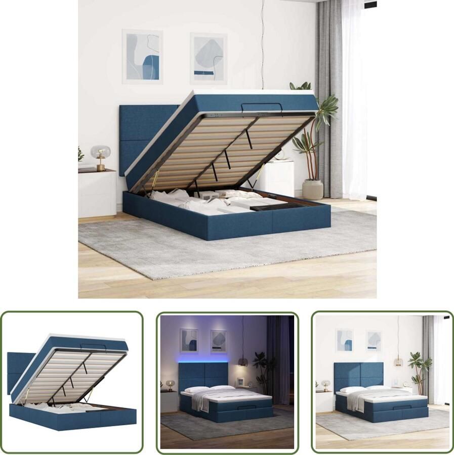 VidaXL Ottoman bed met matras en LED's 140x200cm stof blauw Bed Frame Ottoman Bed Boxspring Led Lamp Slaapcomfort
