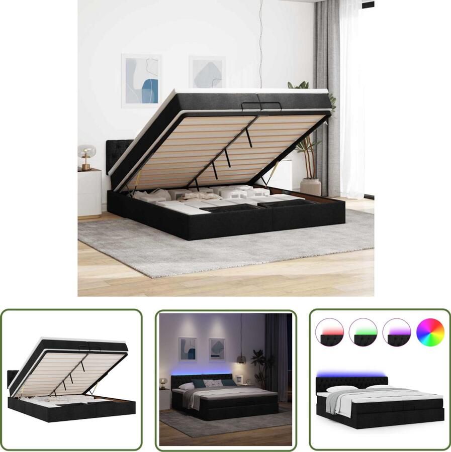 VidaXL Ottoman bed met matrassen en LED's 200x200cm stof zwart Bed Frame Ottoman Bed Boxspring Slaapcomfort Led Lamp