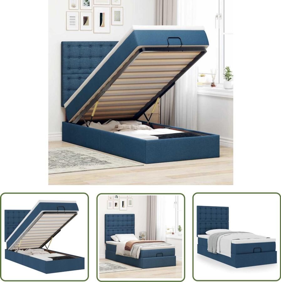 The Living Store Bed met matras 90x200 cm stof blauw Poefbed Ottoman Bed Boxspring Tweepersoonsspringplank Slaapcomfort