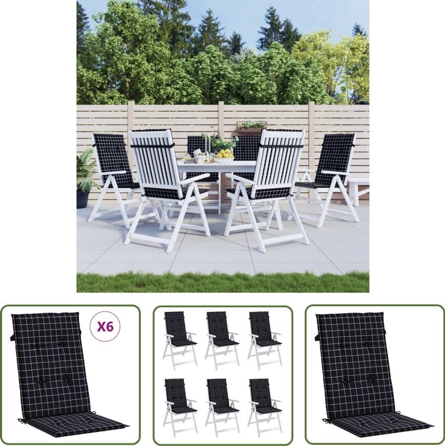 The Living Store Stoelkussens 6 st hoge rug ruitpatroon stof zwart Stoelkussens Outdoor Kussens Tuinkussens Balkon Kussens Eetkamerstoel Kussens