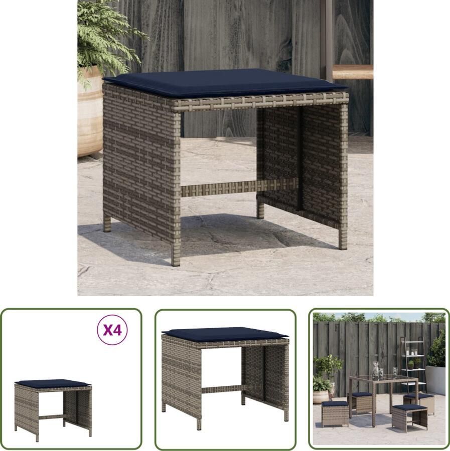 The Living Store Tuinkrukken 4 st met kussens 40x40x35 cm poly rattan grijs Tuinkrukken Outdoor Meubilair Lounge Stoel Patioset Buitendecoratie