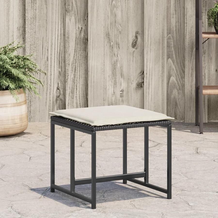 The Living Store PE-Rattan Tuinkrukken 40x40x35 cm Zwart Crèmewit Kussen Gepoedercoat Staal Tuinkrukken Outdoor Seating Patio Furniture Garden Chairs Lounge Chair