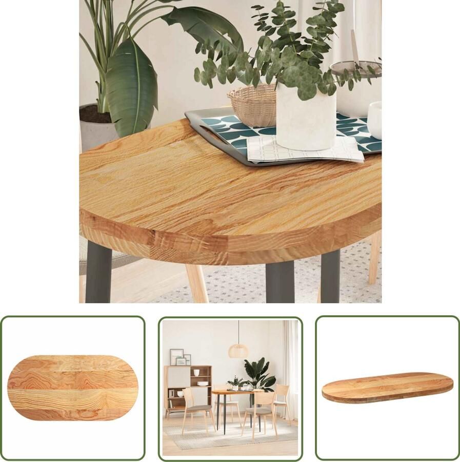 The Living Store Tafelblad 100x50x4 cm ovaal massief eikenhout lichtbruin Eikenhouten Tafelblad Oval Tafellamp Salontafelblad Tweepaars Poten Vintage Tafel