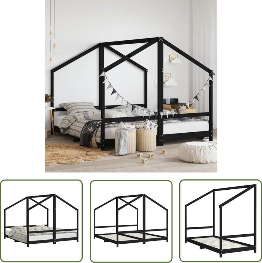 The Living Store Houten Bedframe Peuterbed Zwart 195.5x191x158 cm Massief grenenhout Kinderbed Peuterbed Houten Bed Grenenhouten Bed Zwart Bed