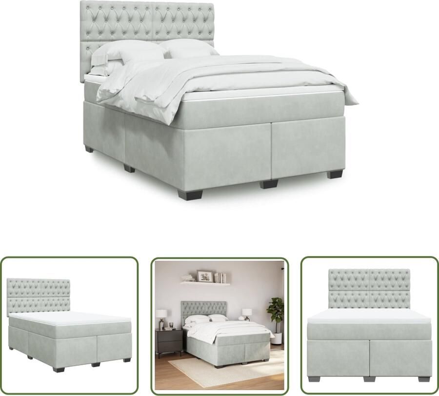 The Living Store Boxspringbed Pocketvering 140x190 Luxe fluwelen materiaal Boxspringbed Pocketvering Fluweel Grijs Slaapkamer