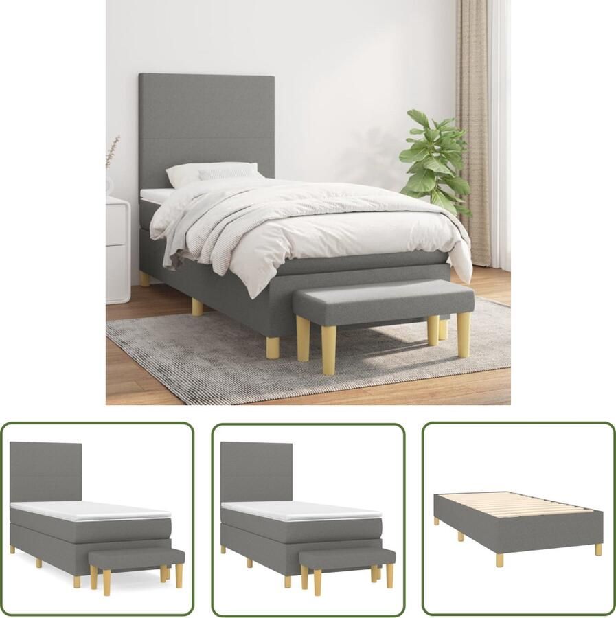 The Living Store Boxspringbed Pocketvering 90 x 190 cm Donkergrijs Duurzaam Verstelbaar hoofdbord Middelharde ondersteuning Huidvriendelijk topmatras Multifunctioneel bankje Inclusief montagehandleiding