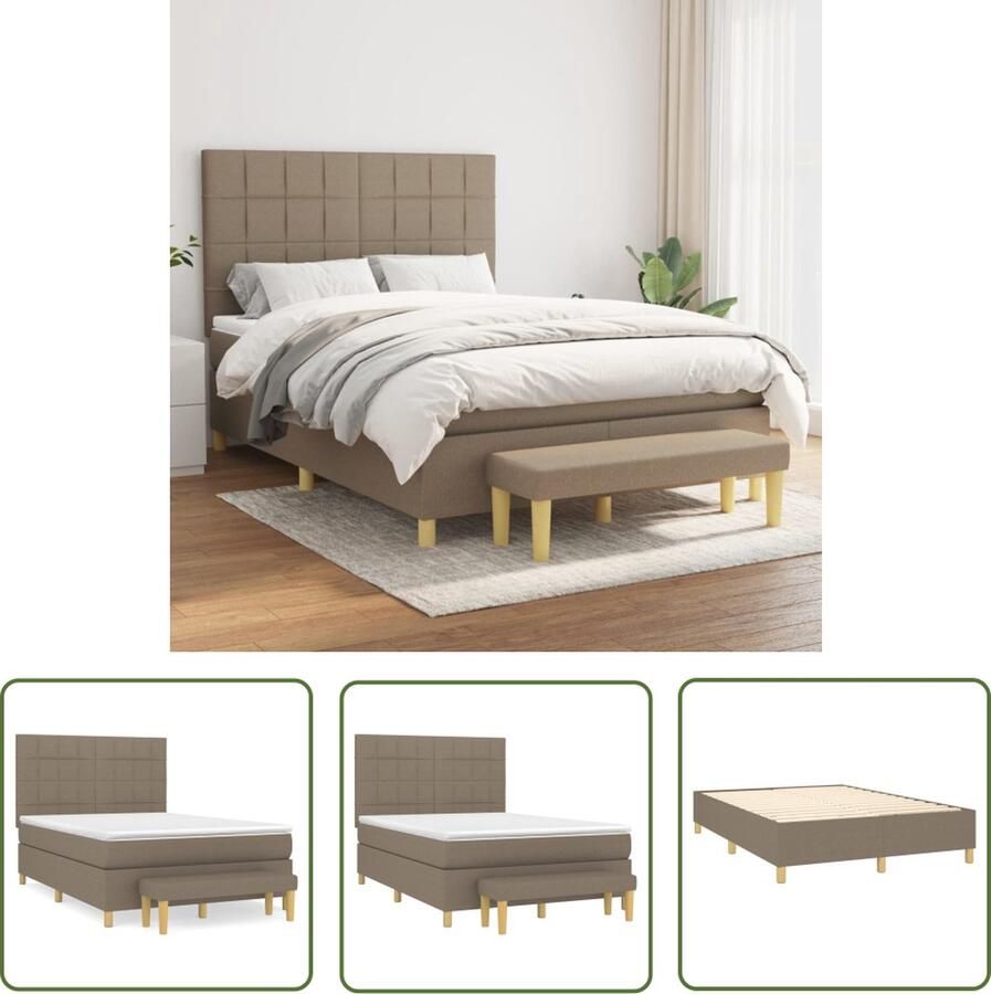 The Living Store Boxspringbed Pocketvering 140x200 cm Taupe Duurzaam Verstelbaar hoofdbord Middelharde ondersteuning Huidvriendelijk topmatras Multifunctioneel bankje