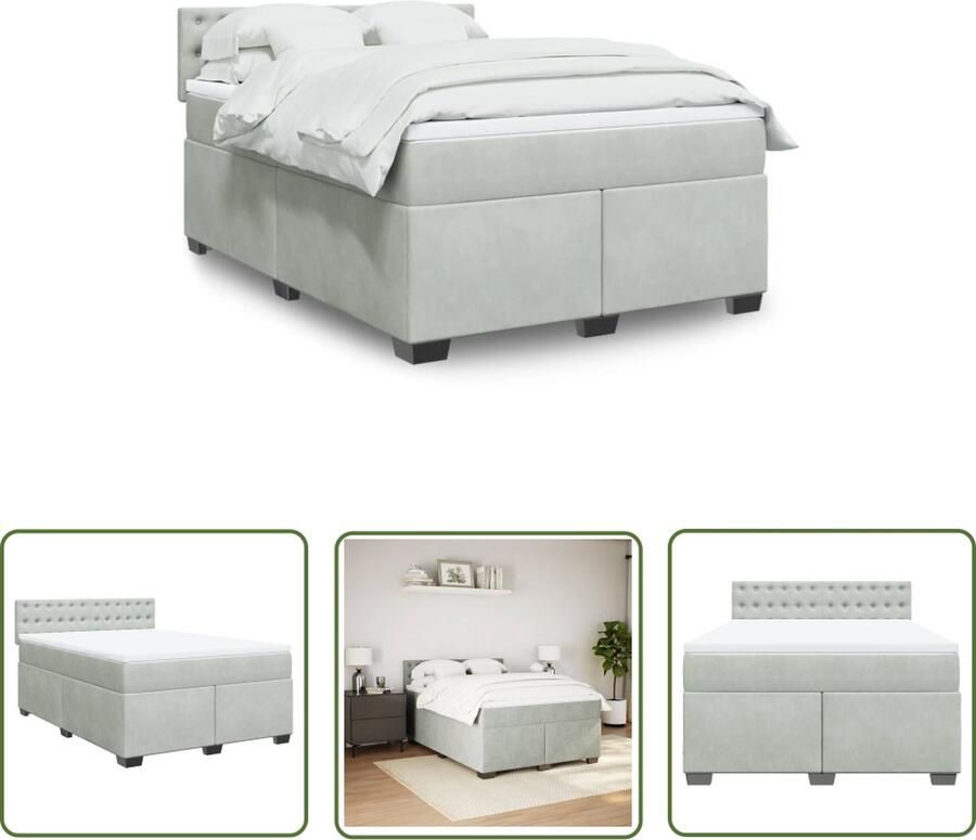 The Living Store Boxspringbed Pocketveringmatras 140x190 Luxe fluwelen bekleding Boxspringbed Pocketveringmatras Fluweel Grijs Slaapkamerinrichting