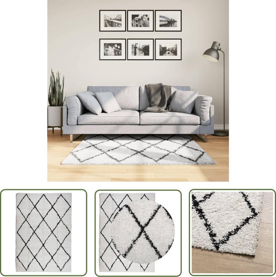 The Living Store Vloerkleed PAMPLONA shaggy hoogpolig 120x170 cm crème en zwart Shaggy Vloerkleed Polypropyleen Vloerkleed Crème Vloerkleed Zwarte Vloerkleed Woonkamer Tapijt
