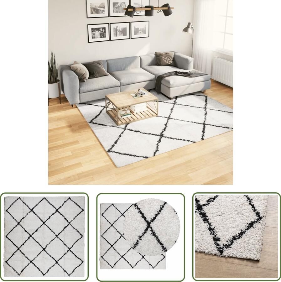The Living Store Vloerkleed PAMPLONA shaggy hoogpolig 240x240 cm crème en zwart Shaggy Vloerkleed Polypropyleen Vloerkleed Multikleuren Groot Vloerkleed Woonkamer Tapijt