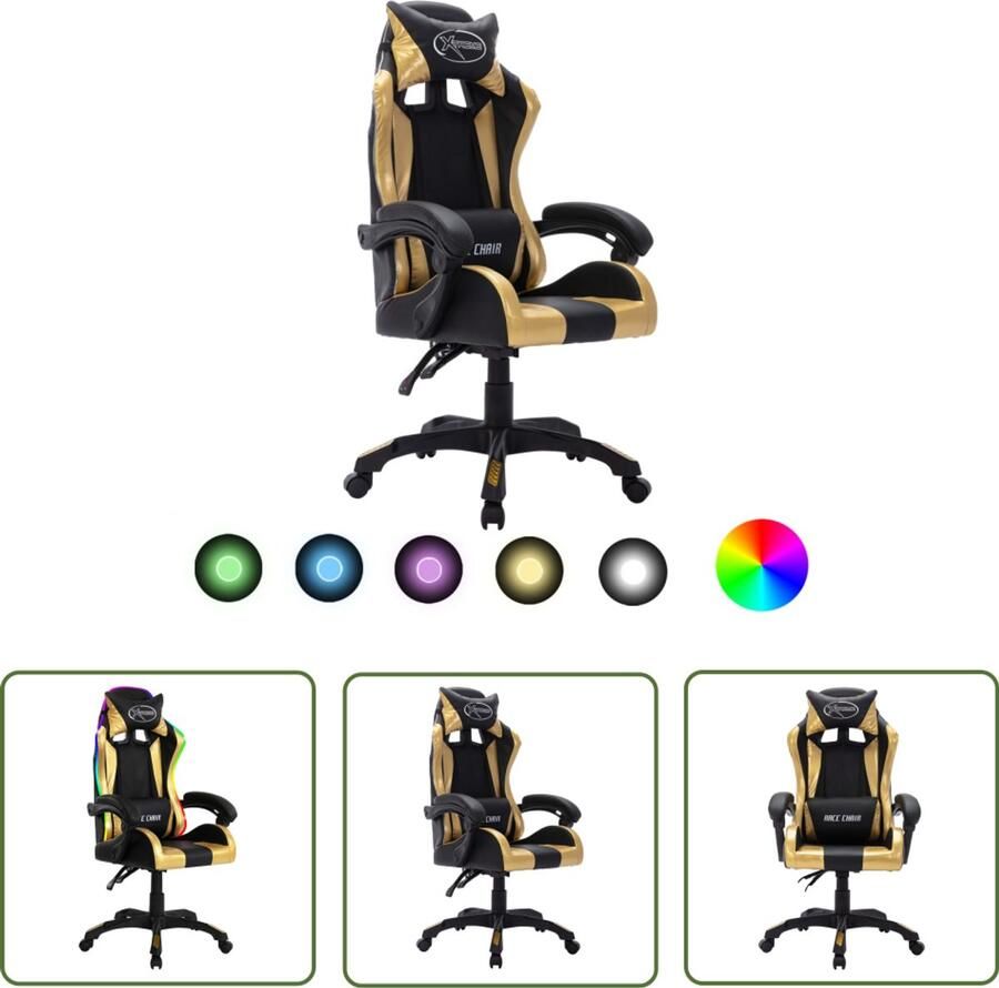 The Living Store Racestoel met RGB LED-verlichting kunstleer goudkleurig en zwart Gamingstoel Racecarstoelen Bureaustoel Ergonomische Stoel Led Verlichting