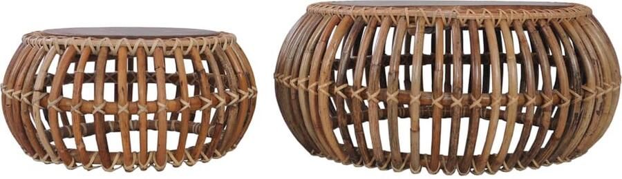 The Living Store Rattan Salontafel Set van 2 Bruin Natuurlijk rattan Massief teakhouten blad 70 x 30 cm (L) 50 x 24 cm (S) Salontafel Rattan Tafel Teakhout Tafel Binnentafeltje Woonkamerdecoratie - Foto 1