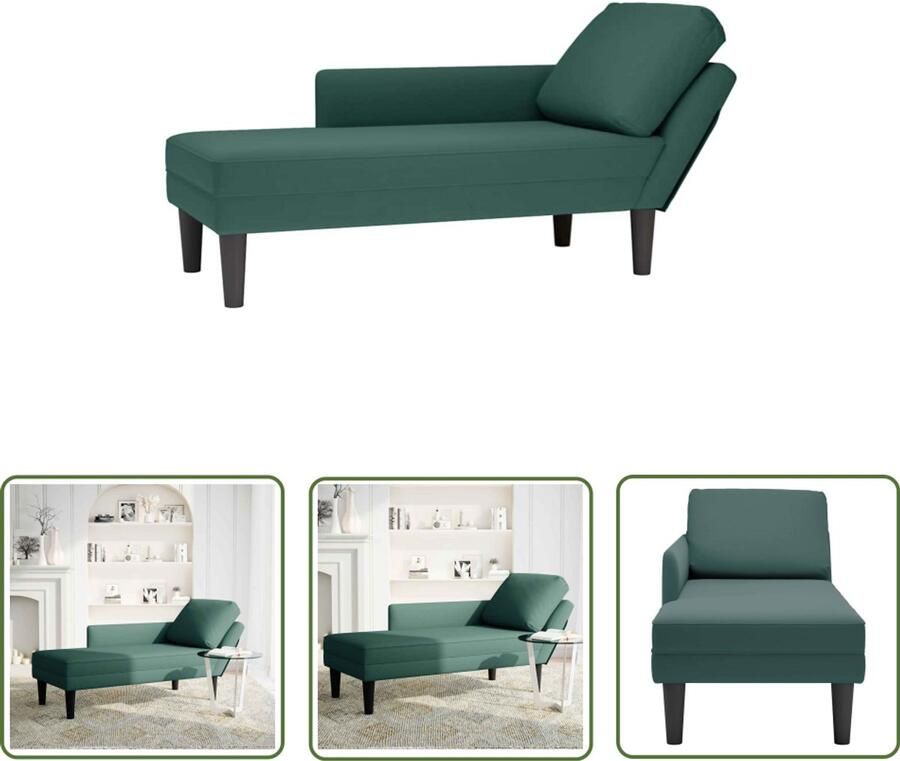 The Living Store Chaise longue met kussen&rechterarmleuning fluweel donkergroen Chaise Lounge Relaxfauteuil Velours Fauteuil Donkere Groene Fauteuil Fauteuils