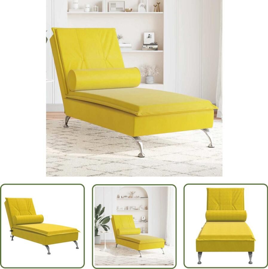 The Living Store Massage chaise longue met bolster fluweel geel Massage Fauteuil Relaxfauteuil Loungestoel Velours Stoffen Meubels Elektrische Massage