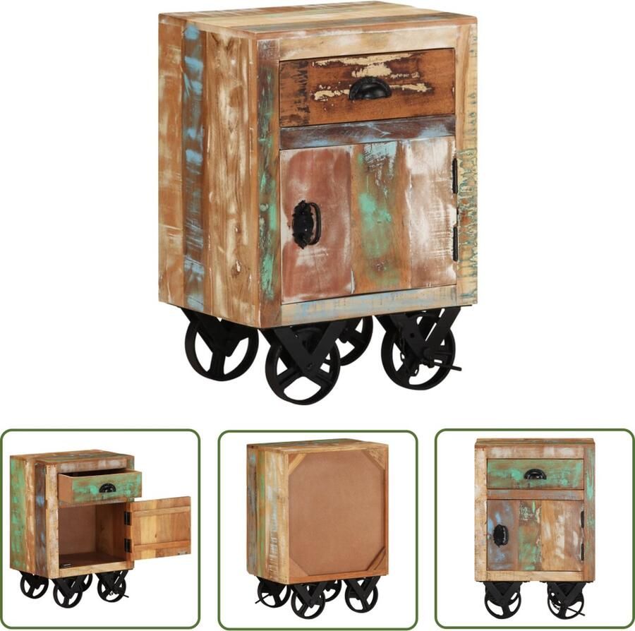 The Living Store Retro Nachtkastje Massief gerecycled hout Gemengde kleurafwerking 40x30x57cm Met 4 wielen Nachtkastje Retro Nachtlamp Vintage Kast Industrieel Meubilair Houten Kast - Foto 2