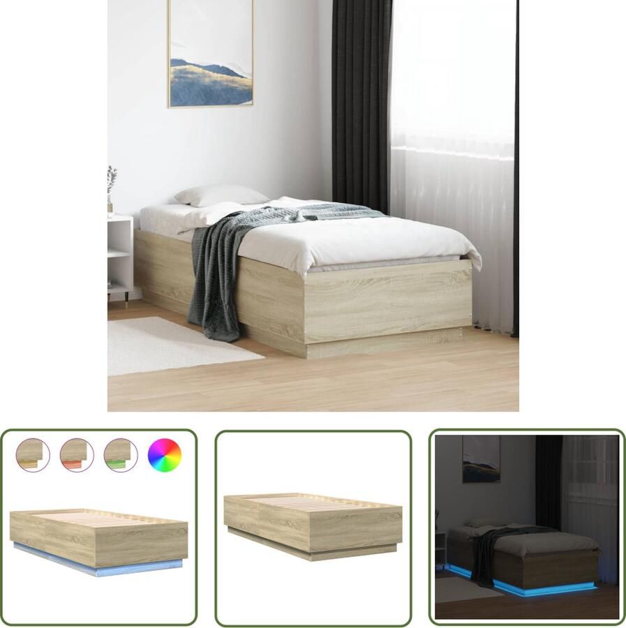 The Living Store Bedframe met LED-verlichting sonoma eikenkleurig 90x190 cm Led Bed Frame Rgb Led Licht Houten Bedframe Met Usb Sonoma Eiken