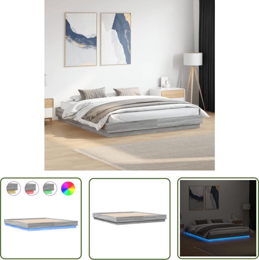 The Living Store Bedframe met RGB LED-verlichting 203 x 183 x 23 cm Grijs Sonoma Eiken Stabiel bed met aanpasbare LED-verlichting LED Bed Frame RGB Verlichting Houten Bedframe Tweepersoons Bed Design Bed