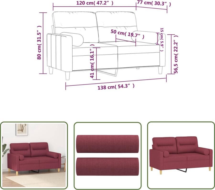 The Living Store 2-zitsbank Wijnrood 138x77x80 cm Duurzame stof Stevig metalen frame Verwijderbare kussenhoezen Comfortabele zitervaring Inclusief 2 sierkussens Tweezitsbank Rode Bank Banks Kopen Lounge Meubilair Stoffen Bank
