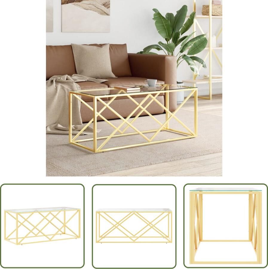 The Living Store Salontafel Goud Roestvrij Staal en Gehard Glas 110 x 45 x 45 cm Montage vereist Salontafel Roestvrijstaal Glas Goud Livingroom Meubilair