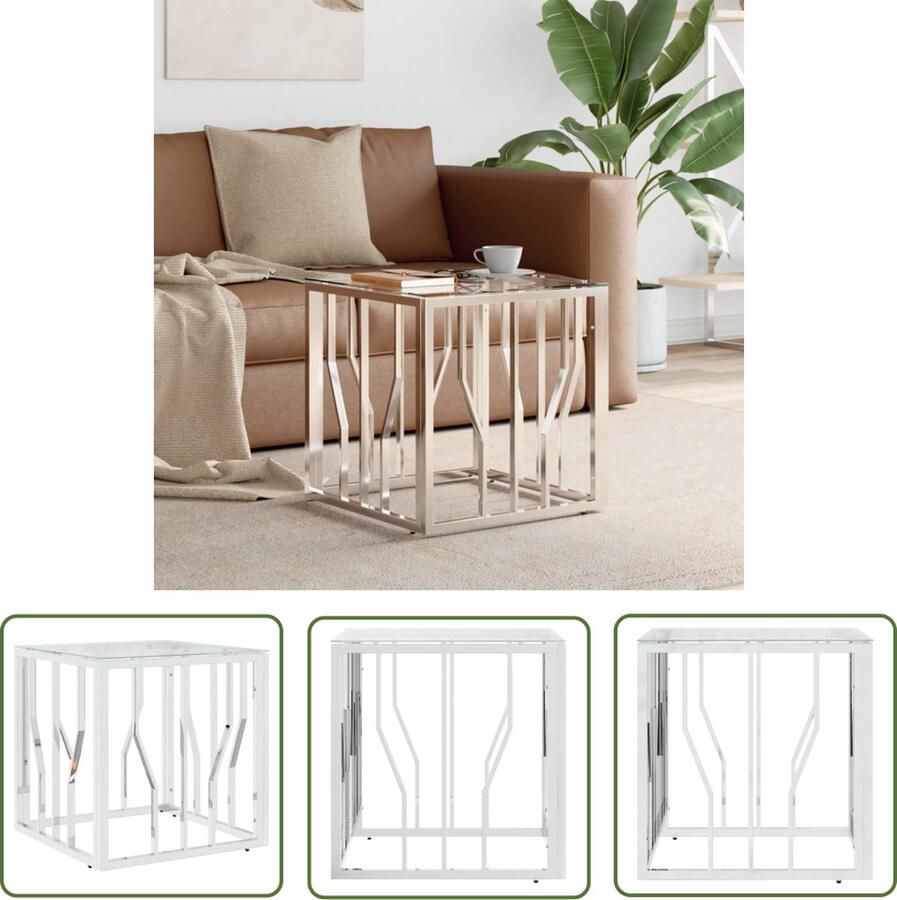 The Living Store Salontafel Serena Glazen Tafelblad 50 x 50 x 50 cm Roestvrij Staal Salontafel Roestvrijstaal Glas Koffietafel Bijzettafel