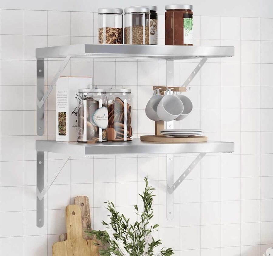 The Living Store Wandschappen 2 st 50x40x3 cm roestvrijstaal zilverkleurig Zwevende Wandschaps Roestvrijstalen Wandplanken Wanddecoratie Opbergsysteem Multifunctionele Wandregels