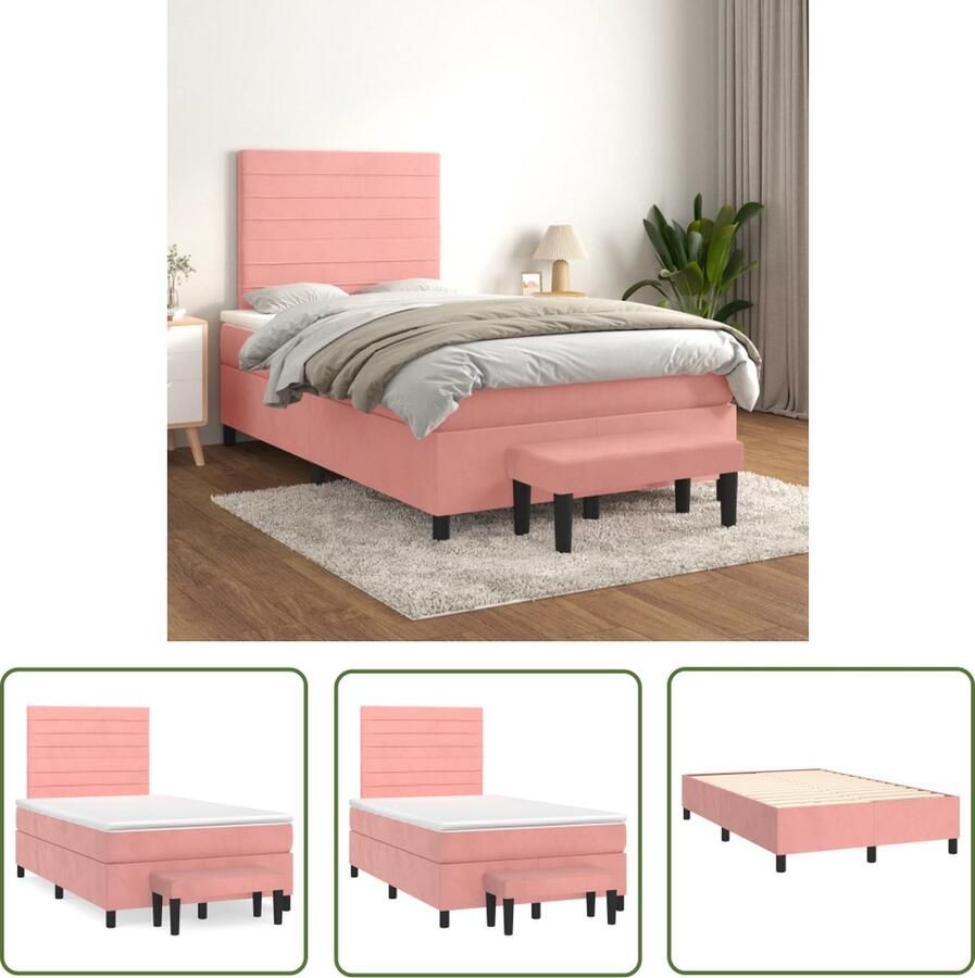 The Living Store Roze Stof Boxspringbed 203 x 120 x 118 128 cm Zachte fluwelen stof Verstelbaar hoofdbord Pocketvering matras Middelharde ondersteuning Huidvriendelijk topmatras Multifunctioneel bankje