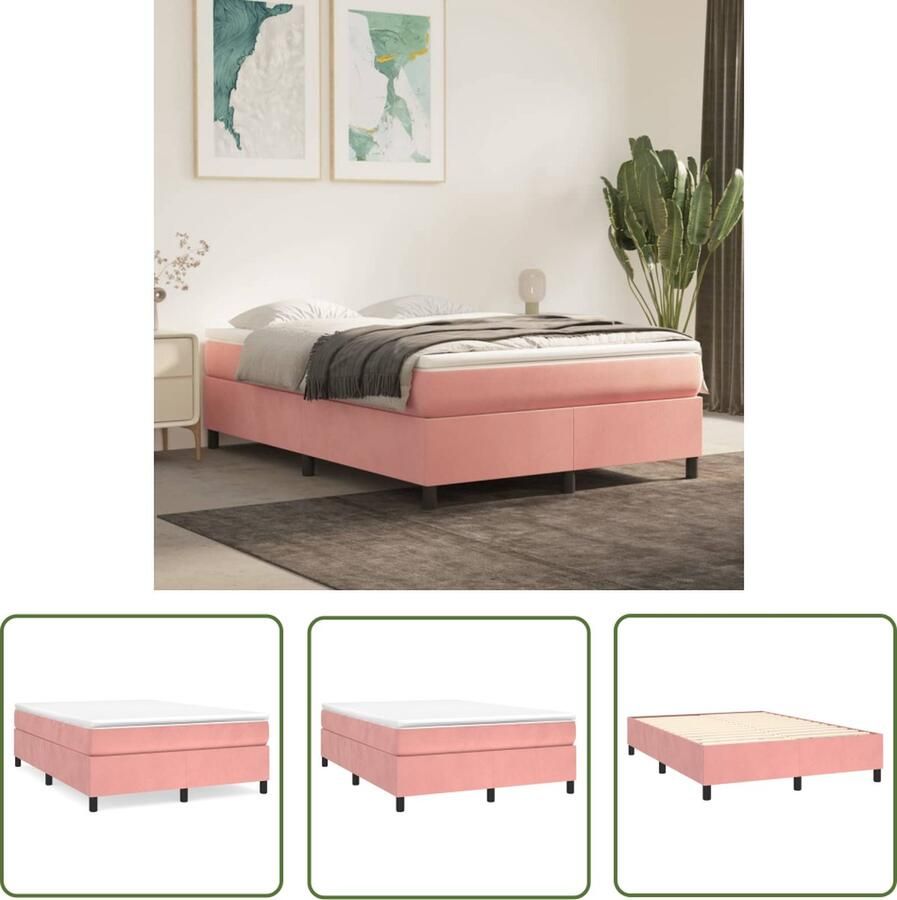 The Living Store Boxspringbed Roze 193 x 140 x 35 cm Fluweel Pocketvering Middelharde ondersteuning Huidvriendelijk Boxspringbed Rooskleurig Bed Velvet Bed Pocketveer Matras Middelhard Matras