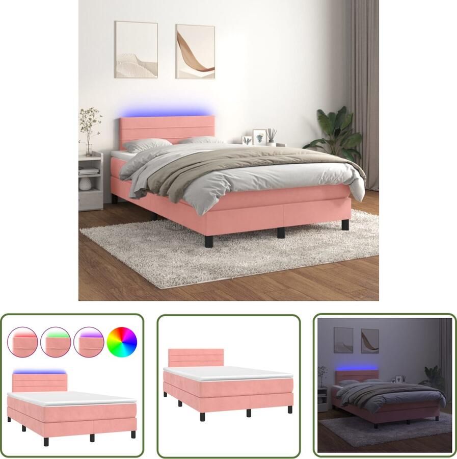 The Living Store Boxspring Bed Roze Fluweel 120 x 200 cm LED Verlichting Boxspring Bed Rozenkleurig Bed Velvet Bed Led Bed Tweepersoons Bed