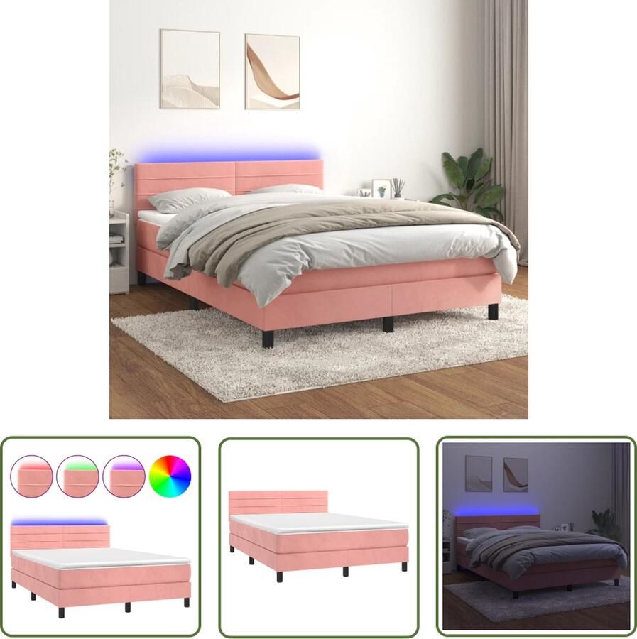 The Living Store Boxspring Bed Roze Fluweel 193x144x78 88cm + Pocketvering Matras LED Boxspring Bed Rozenkleurig Bed Velvet Bed Led Bed Slaapcomfort