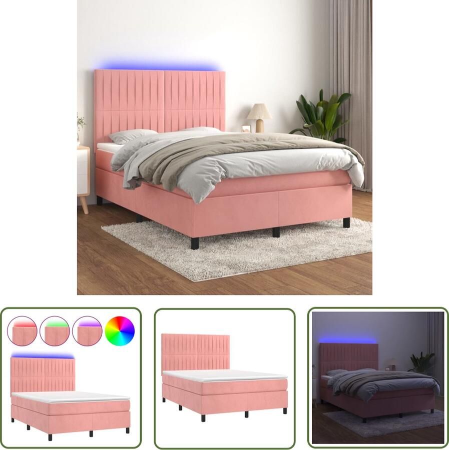 The Living Store Bed Roze Fluweel 203x144x118 128 cm Pocketvering Matras Huidvriendelijk Topmatras Kleurrijke LED Boxspring Fluweel Bed Roze Bed Led Bed King Size Bed