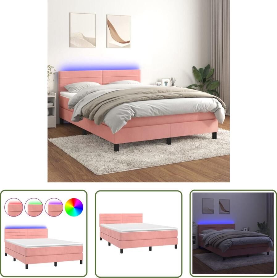 The Living Store Charm Roze Bed 140x200 Fluweel Inclusief Matras en LED Boxspring Rozenkleurig Bed Velvet Bed Led Bed Tweepersoonsbed