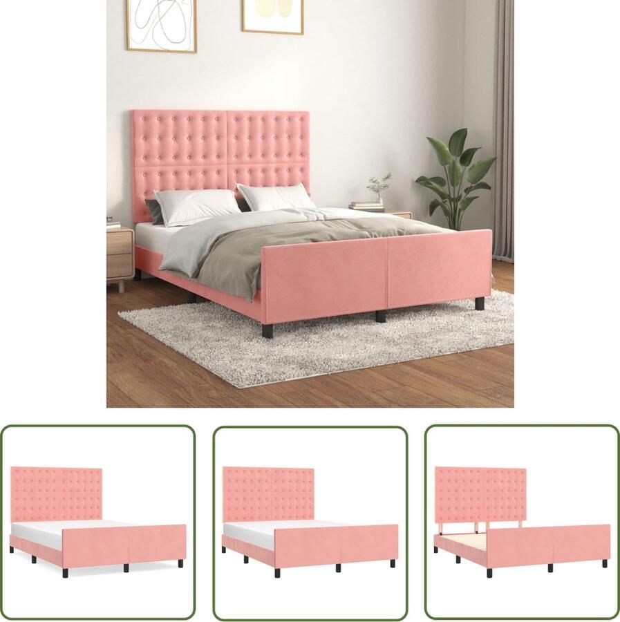 The Living Store Bedframe met hoofdeinde fluweel roze 140x190 cm Bed Frame Rozenkleurig Bed Velvet Bed Tweepersoonsbed Boxspring