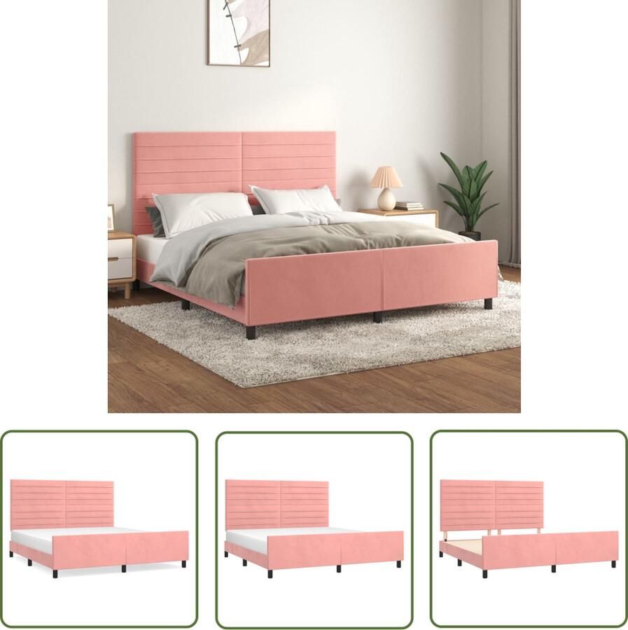The Living Store Bedframe met hoofdeinde Roze fluweel Verstelbare hoogte Ondersteunende poten Multiplex lattenbodem Comfortabele ondersteuning 203x186x118 128cm Geschikt voor 180x200cm matras Inclusief hoofdeind