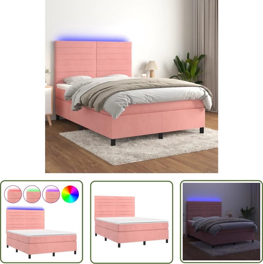 The Living Store Boxspring met matras en LED fluweel roze 140x200 cm Boxspring Rozenkleurig Velvet Led Lamp Tweepersoonsbed