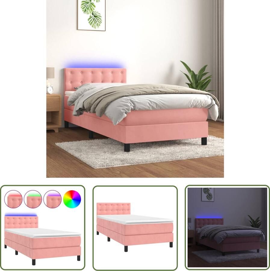 The Living Store Boxspring met matras en LED fluweel roze 90x190 cm Boxspring Rozenkleurig Velvet Tweepersoonsbed Led Lamp