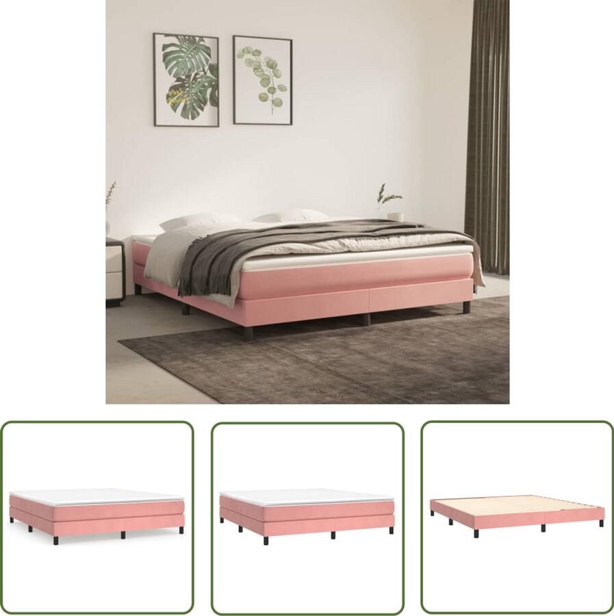 The Living Store Boxspringbed Roze fluweel 203x160x25 cm Pocketvering Middelharde ondersteuning Huidvriendelijk topmatras Multiplex lattenbodem Boxspringbed Rozepof Velvet Bed Tweepersoonsbed Boxspring