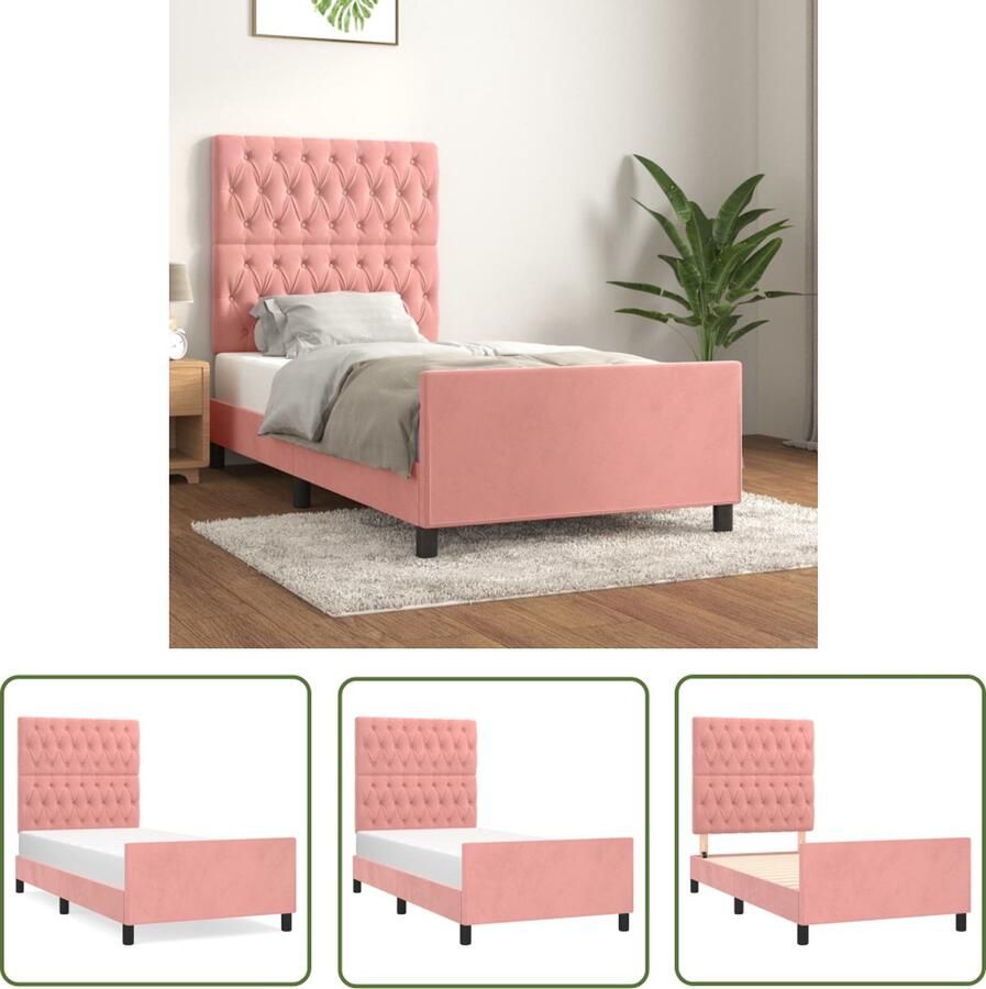 The Living Store Bedframe met hoofdeinde fluweel roze 90x190 cm Bed Frame Rozerood Bed Velvet Bed Tweepersoons Bed Stapelbed