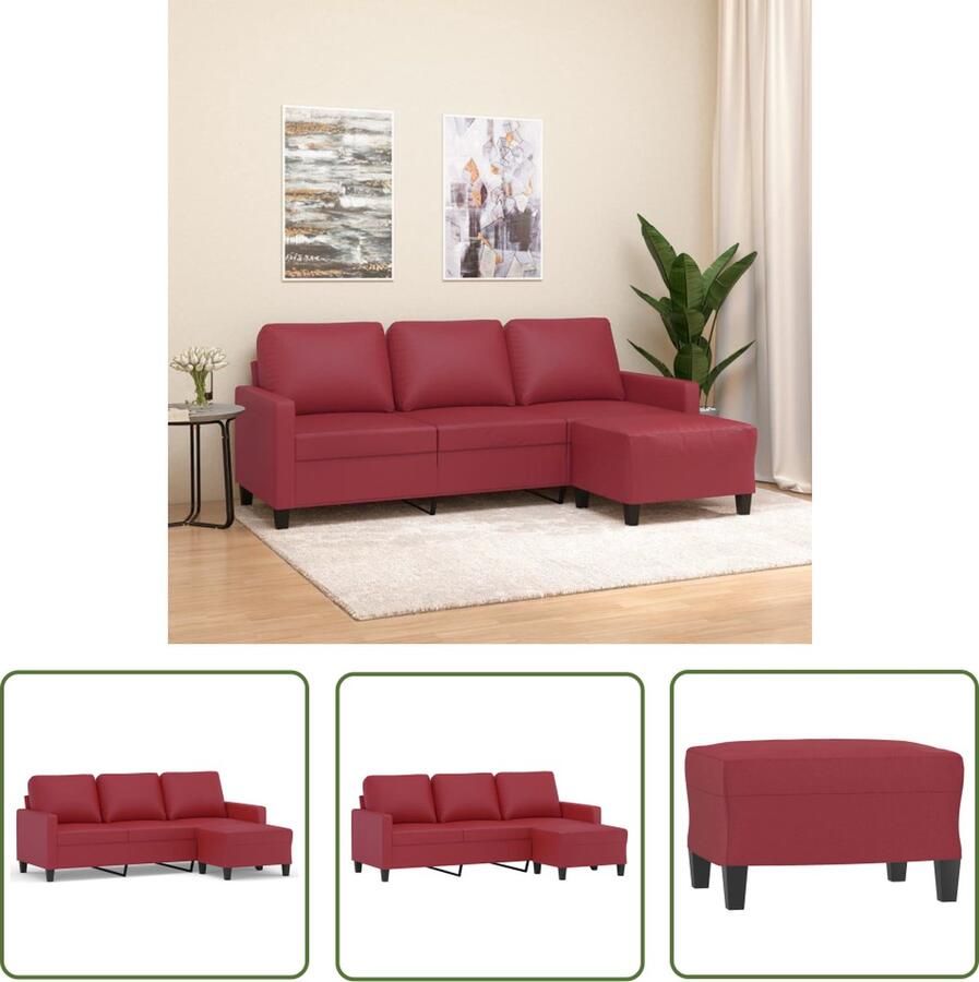 The Living Store Driezitsbank met voetenbank 180 cm kunstleer wijnrood 3-zitsbank Salontafel Loungehoek Lederlook Rood Meubilair