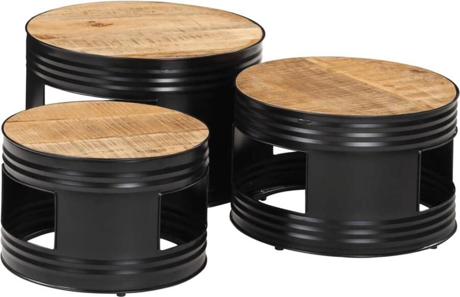 The Living Store Bartafels 3 st trommelontwerp massief ruw mangohout Bartafel Bistro Tafel Houten Tafel Nestkasten Multifunctionele Tafel