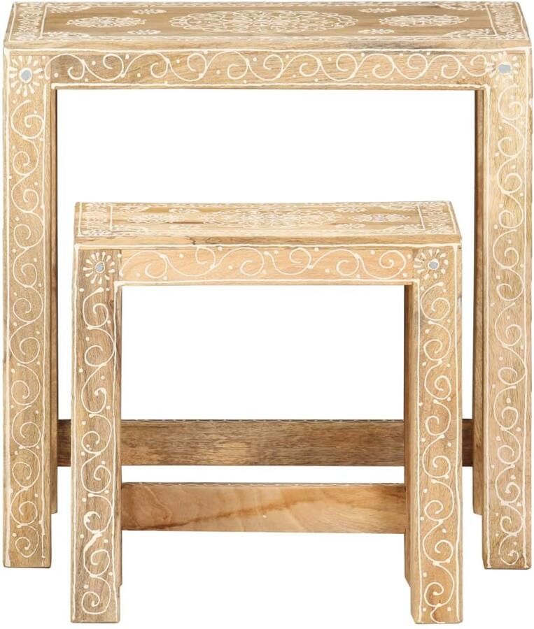 The Living Store 2-delige Bijzettafeltjesset handgeschilderd massief mangohout Bijzettafel Salontafels Houten Meubilair Mangohout Vintage Stijl