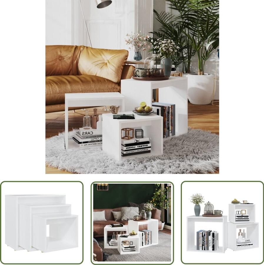 The Living Store 3-delige Tafeltjesset bewerkt hout wit Bijzettafel Salontafel Houten Meubilair Wit Meubilair Multifunctionele Tafel