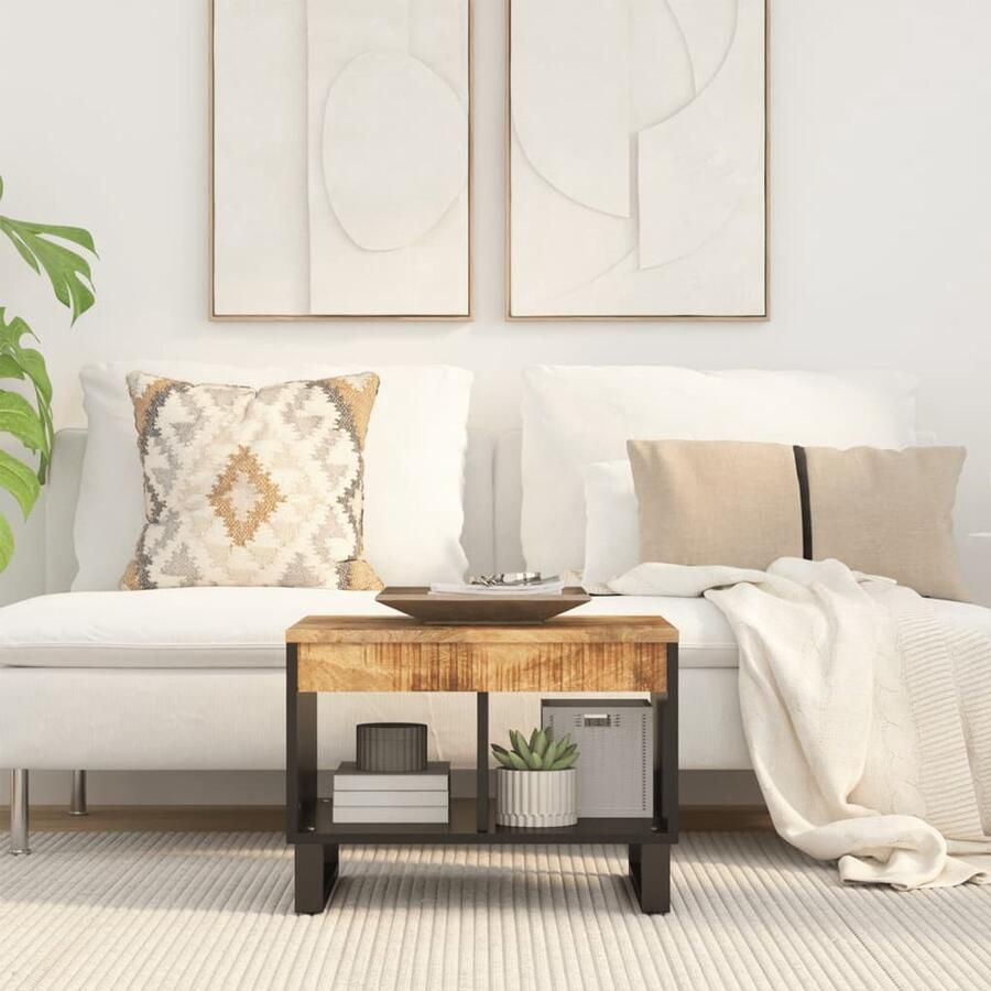 The Living Store Bijzettafel Mangohout 55 x 50 x 40 cm Opbergruimte Stabiele ijzeren poten Bijzettafel Salontafel Mangohout Meubilair Houten Bijzet Tafels Vintage Salontafel