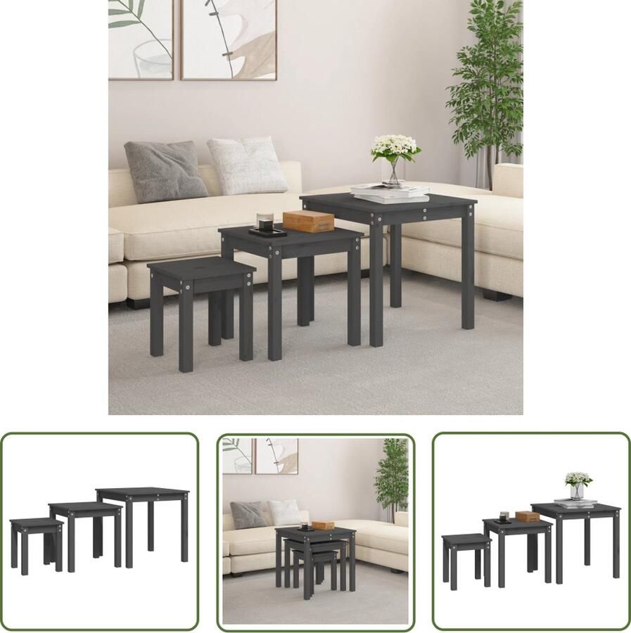 The Living Store Tafeltjes Massief grenenhout Grijs Set van 3 55x55x55cm 43x43x45cm 31x31x35cm Bijzettafel Salontafel Grenoble Hout Ronde Tafel Nestkasten - Foto 2