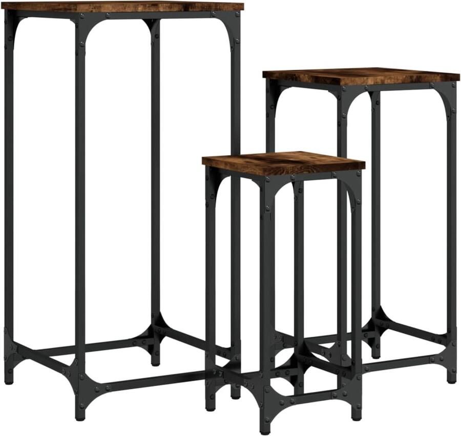 The Living Store 3-delige Tafeltjesset bewerkt hout gerookt eikenkleurig Bijzettafel Industrieel Meubel Houten Bijzettafel Multifunctioneel Meubel Stackbare Tafels