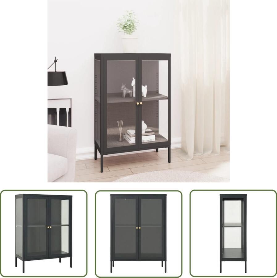 The Living Store Dressoir 75x35x105 cm staal en glas antracietkleurig Dressoir Meubels Salontafel Tv Tafel Livingroom Furniture