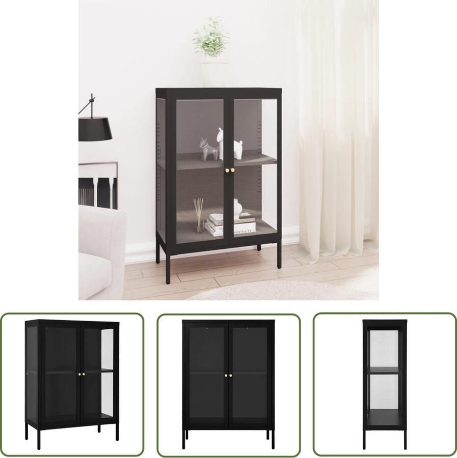 The Living Store Dressoir 75x35x105 cm staal en glas zwart Dressoir Zwarte Metalen Dressoir Vintage Dressoir Industriële Dressoir Salontafel