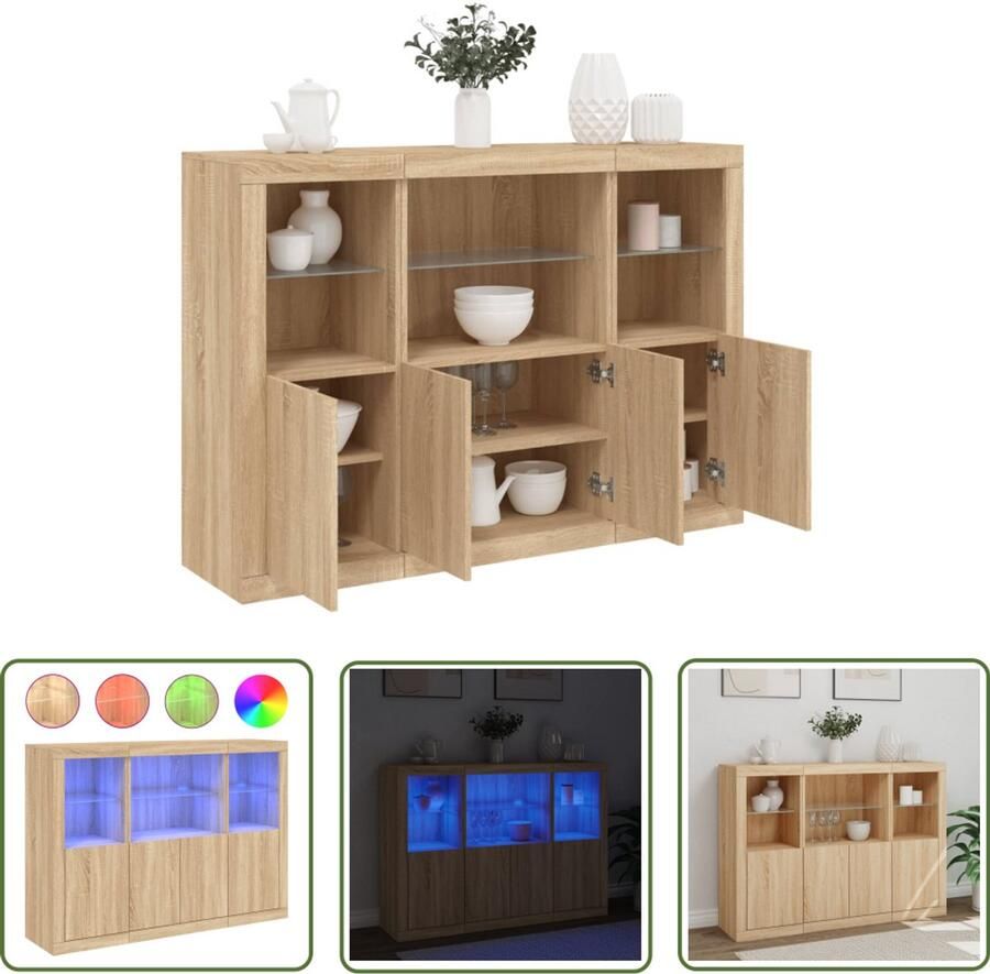 The Living Store Dressoirs met LED-verlichting 3 st bewerkt hout sonoma eiken Dressoir Modern Meubel Houten Kast Led Verlichting Opbergruimte