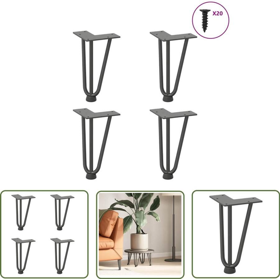 VidaXL Salontafel Potten Haarspeld Tafelpoten Haarnadelpoten voor Salontafel 4 st 20 cm massief staal antracietkleurig Metalen Tafelpoten Industrieel Onderstel Zwarte Tafelpoten