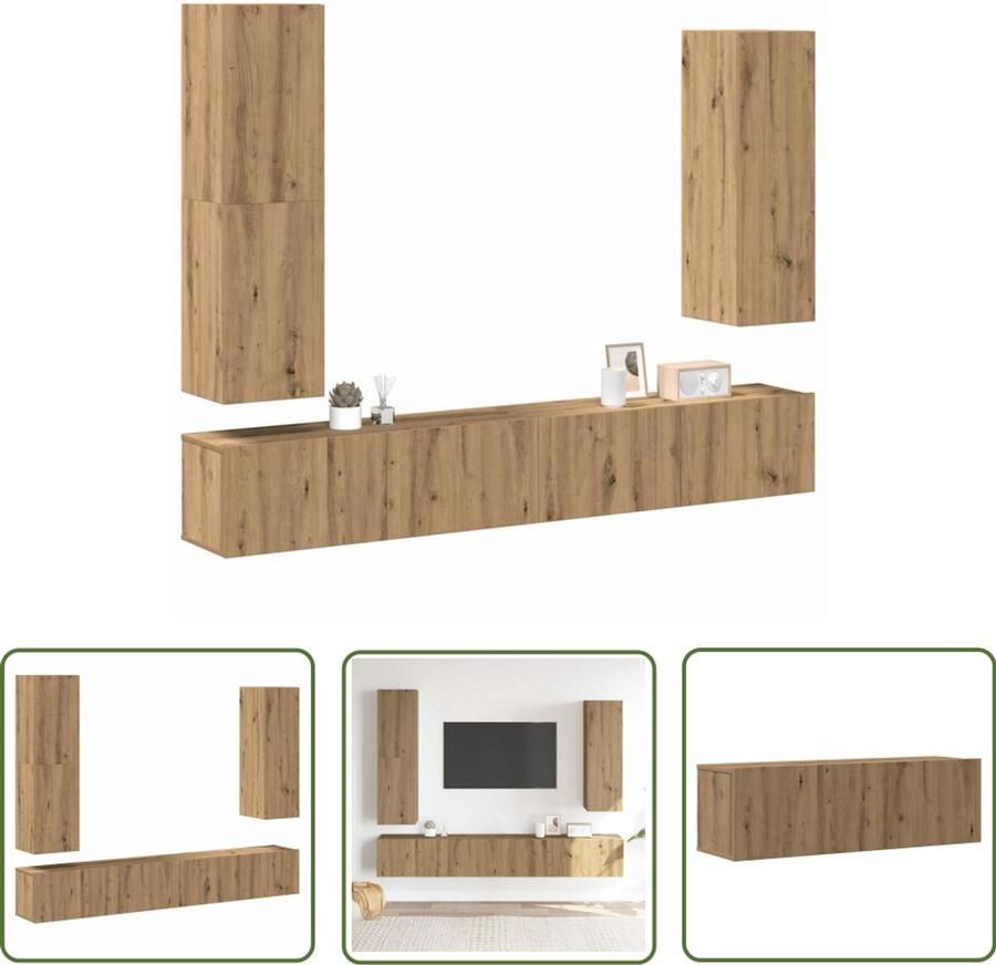 VidaXL Salontafel Tv Kast 4-delig Tv-meubelset wandmontage bewerkt hout artisanaal eiken Houten Tv Stand Opbergruimte Wandmontage